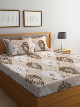 ARRABI - Brown Indian TC Cotton Blend Double Bedsheet with 2 Pillow Covers