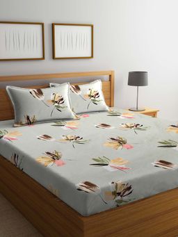ARRABI - Green Floral TC Cotton Blend Double King Bedsheet with 2 Pillow Covers