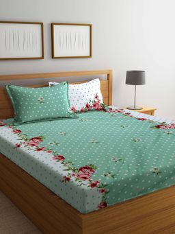 ARRABI - Green Floral TC Cotton Blend Double Bedsheet with 2 Pillow Covers
