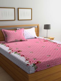 ARRABI - Pink Floral TC Cotton Blend Double Bedsheet with 2 Pillow Covers