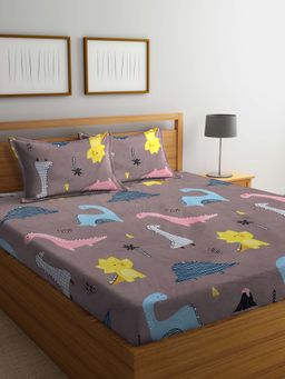 ARRABI - Brown Cartoon TC Cotton Blend King Bedsheet with 2 Pillow Covers