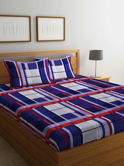 ARRABI - Blue Geometric TC Cotton Blend King Bedsheet with 2 Pillow Covers