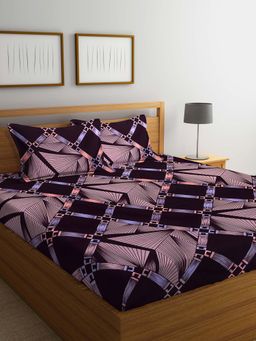 ARRABI - Brown Geometric TC Cotton Blend King Bedsheet with 2 Pillow Covers