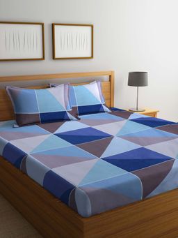ARRABI - Blue Geometric TC Cotton Blend King Bedsheet with 2 Pillow Covers