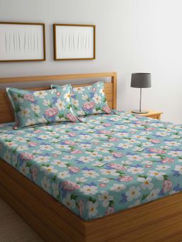 ARRABI - Blue Floral TC Cotton Blend King Bedsheet with 2 Pillow Covers