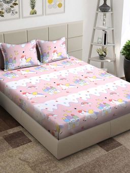 ARRABI - Pink Cartoon TC Cotton Blend King Bedsheet with 2 Pillow Covers