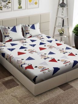 ARRABI - Cream Cartoon TC Cotton Blend Super King Bedsheet with 2 Pillow Covers