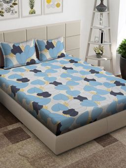ARRABI - Blue Geometric TC Cotton Blend King Bedsheet with 2 Pillow Covers