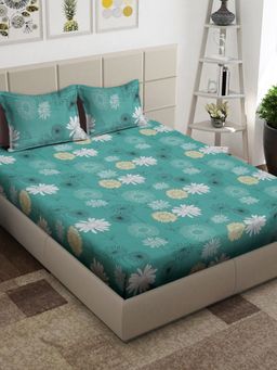 ARRABI - Green Floral TC Cotton Blend King Bedsheet with 2 Pillow Covers