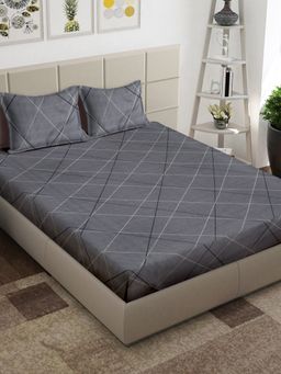 ARRABI - Grey Geometric TC Cotton Blend King Bedsheet with 2 Pillow Covers