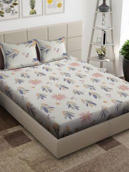ARRABI - Cream Floral TC Cotton Blend King Bedsheet with 2 Pillow Covers