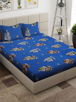 ARRABI - Blue Leaf TC Cotton Blend King Bedsheet with 2 Pillow Covers