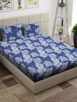 ARRABI - Blue Floral TC Cotton Blend Super King Bedsheet with 2 Pillow Covers