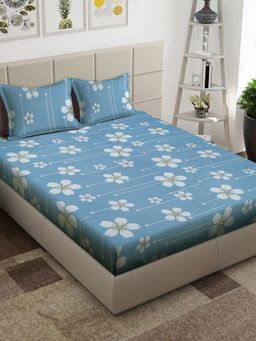 ARRABI - Blue Floral TC Cotton Blend King Bedsheet with 2 Pillow Covers