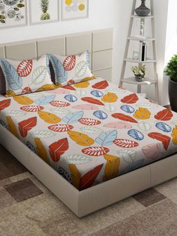 ARRABI - Multi Leaf TC Cotton Blend King Bedsheet with 2 Pillow Covers