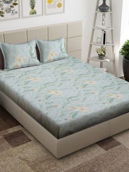 ARRABI - Green Floral TC Cotton Blend King Bedsheet with 2 Pillow Covers