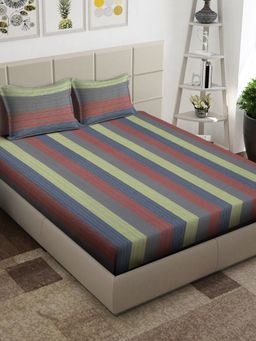 ARRABI - Multi Stripes Handwoven Cotton King Bedsheet with 2 Pillow Covers