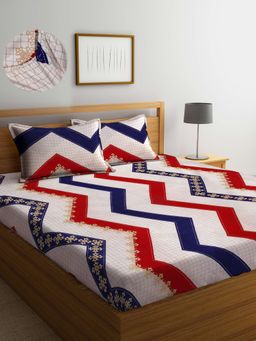 ARRABI - Multi-Color Geometric TC Cotton Blend Double Fitted Bedsheet with 2 Pillow Covers