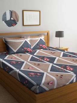 ARRABI - Brown Floral TC Cotton Blend Double Fitted Bedsheet with 2 Pillow Covers