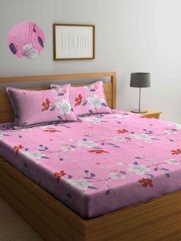 ARRABI - Pink Floral TC Cotton Blend Double Fitted Bedsheet with 2 Pillow Covers