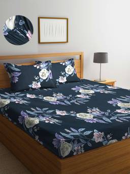 ARRABI - Blue Floral TC Cotton Blend Double Fitted Bedsheet with 2 Pillow Covers