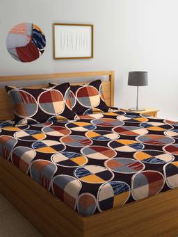 ARRABI - Multi Geometric TC Cotton Blend Double Fitted Bedsheet with 2 Pillow Covers