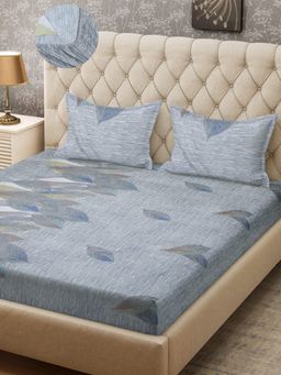 ARRABI - Grey Leaf TC Cotton Blend Double King Fitted Bedsheet with 2 Pillow Covers