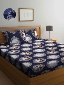ARRABI - Blue Indian TC Cotton Blend Double Fitted Bedsheet with 2 Pillow Covers