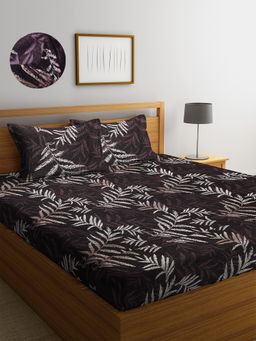 ARRABI - Brown Leaf TC Cotton Blend Double Fitted Bedsheet with 2 Pillow Covers