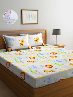 ARRABI - Multi Animal TC Cotton Blend Double Fitted Bedsheet with 2 Pillow Covers