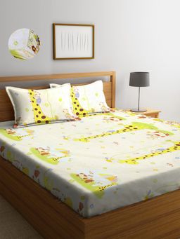 ARRABI - Multi Animal TC Cotton Blend Double Fitted Bedsheet with 2 Pillow Covers