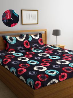 ARRABI - Black Geometric TC Cotton Blend Double Fitted Bedsheet with 2 Pillow Covers