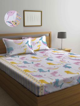 ARRABI - Multi Cartoon TC Cotton Blend Double Fitted Bedsheet with 2 Pillow Covers