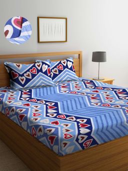 ARRABI - Blue Graphics TC Cotton Blend Double Fitted Bedsheet with 2 Pillow Covers