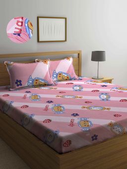 ARRABI - Peach Cartoon TC Cotton Blend Double Fitted Bedsheet with 2 Pillow Covers