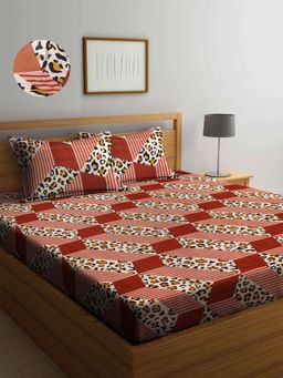 ARRABI - Brown Abstract TC Cotton Blend Double Fitted Bedsheet with 2 Pillow Covers