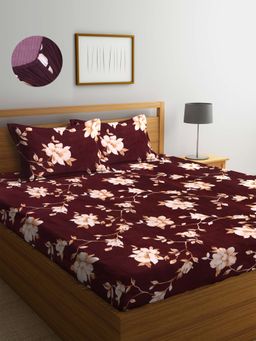 ARRABI - Brown Floral TC Cotton Blend Double Fitted Bedsheet with 2 Pillow Covers