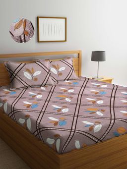 ARRABI - Brown Leaf TC Cotton Blend Double Fitted Bedsheet with 2 Pillow Covers