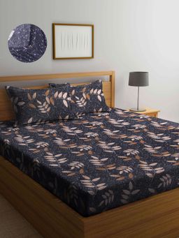 ARRABI - Black Floral TC Cotton Blend Double Fitted Bedsheet with 2 Pillow Covers