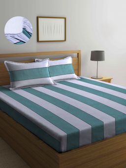 ARRABI - Green Stripes TC Cotton Blend Double Fitted Bedsheet with 2 Pillow Covers