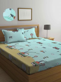 ARRABI - Green Cartoon TC Cotton Blend Double Fitted Bedsheet with 2 Pillow Covers
