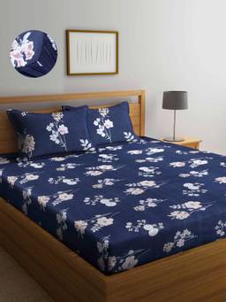 ARRABI - Blue Floral TC Cotton Blend Double Fitted Bedsheet with 2 Pillow Covers