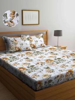 ARRABI - White Floral TC Cotton Blend Double Fitted Bedsheet with 2 Pillow Covers