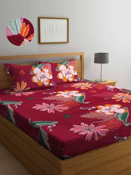 ARRABI - Red Floral TC Cotton Blend Double Fitted Bedsheet with 2 Pillow Covers