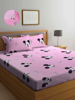 ARRABI - Pink Cartoon TC Cotton Blend Double Fitted Bedsheet with 2 Pillow Covers