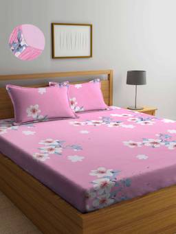 ARRABI - Pink Floral TC Cotton Blend Double Fitted Bedsheet with 2 Pillow Covers