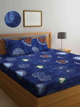 ARRABI - Blue Graphic TC Cotton Blend Double Fitted Bedsheet with 2 Pillow Covers