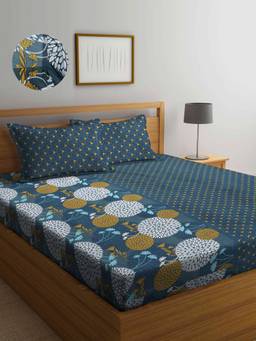 ARRABI - Multi Floral TC Cotton Blend Double Fitted Bedsheet with 2 Pillow Covers