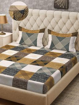 ARRABI - Multi Geometric TC Cotton Blend Double King Fitted Bedsheet with 2 Pillow Covers