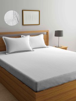 ARRABI - White Stripes TC Cotton Blend Double Fitted Bedsheet with 2 Pillow Covers